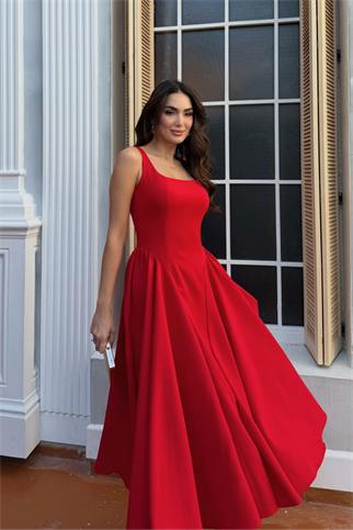 Belin Kare Yaka Sırt Dekolteli Midi Elbise 4968