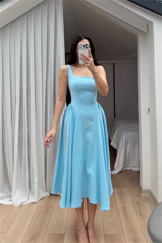 Belin Kare Yaka Sırt Dekolteli Midi Elbise 4968