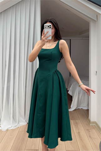 Belin Kare Yaka Sırt Dekolteli Midi Elbise 4968