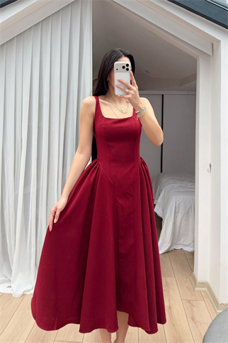 Belin Kare Yaka Sırt Dekolteli Midi Elbise 4968