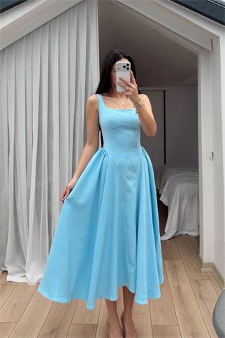 Belin Kare Yaka Sırt Dekolteli Midi Elbise 4968