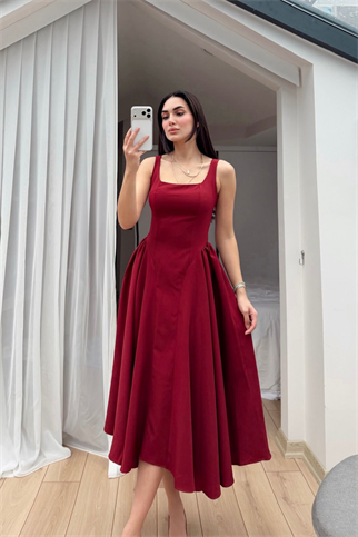 Belin Kare Yaka Sırt Dekolteli Midi Elbise 4968