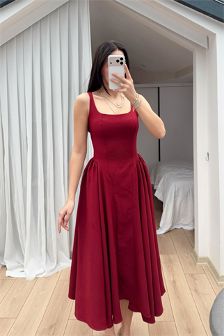 Belin Kare Yaka Sırt Dekolteli Midi Elbise 4968