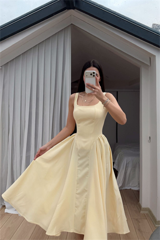 Belin Kare Yaka Sırt Dekolteli Midi Elbise 4968