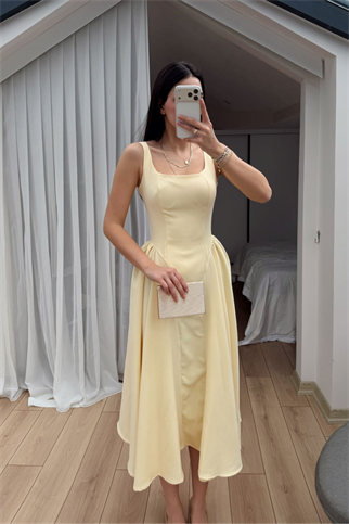 Belin Kare Yaka Sırt Dekolteli Midi Elbise 4968