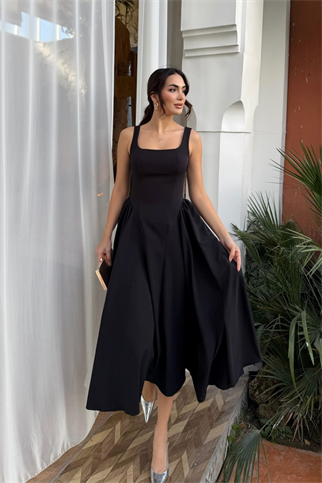 Belin Kare Yaka Sırt Dekolteli Midi Elbise 4968