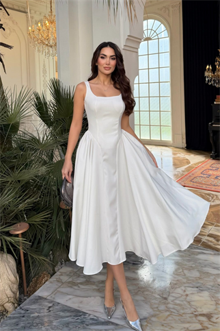 Belin Kare Yaka Sırt Dekolteli Midi Elbise 4968