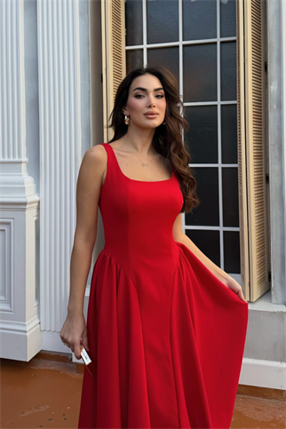 Belin Kare Yaka Sırt Dekolteli Midi Elbise 4968
