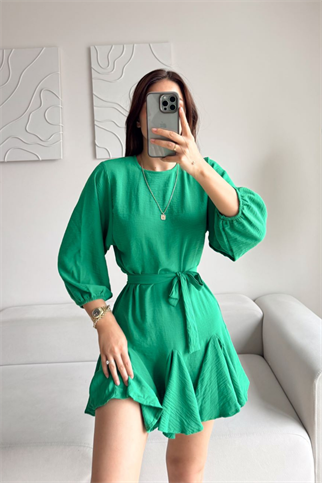 Bella Etek Volan Detay Kuşaklı Aerobin Elbise YEŞİL