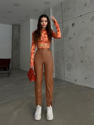 Benedict Paça Yırtmaçlı Deri Pantolon 3661 KAHVE