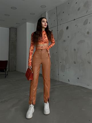 Benedict Paça Yırtmaçlı Deri Pantolon 3661 KAHVE