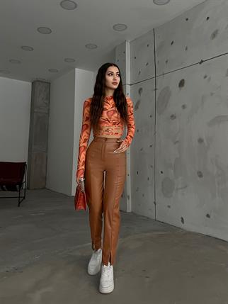 Benedict Paça Yırtmaçlı Deri Pantolon 3661 KAHVE