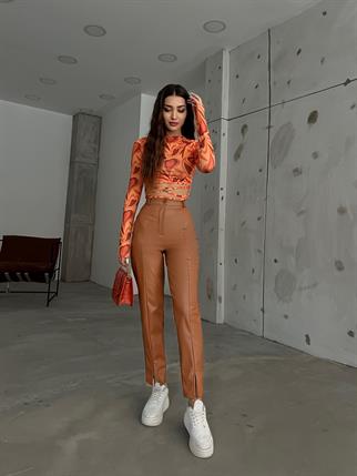 Benedict Paça Yırtmaçlı Deri Pantolon 3661 KAHVE