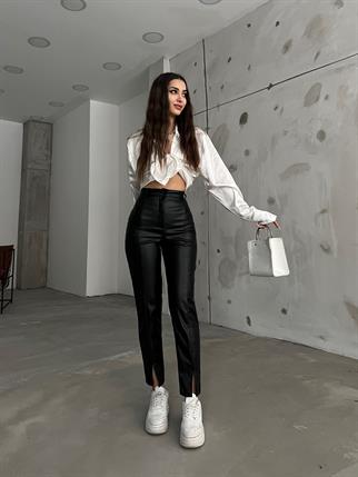 Benedict Paça Yırtmaçlı Deri Pantolon 3661 SİYAH