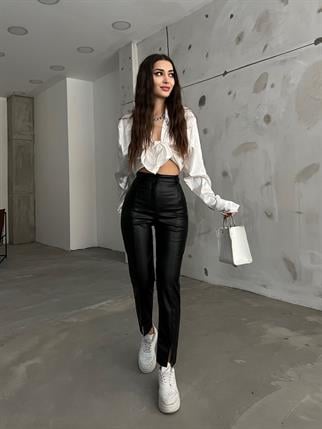 Benedict Paça Yırtmaçlı Deri Pantolon 3661 SİYAH