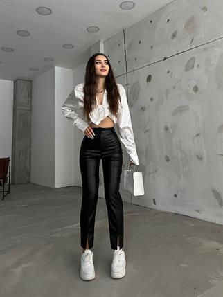 Benedict Paça Yırtmaçlı Deri Pantolon 3661 SİYAH