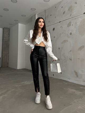 Benedict Paça Yırtmaçlı Deri Pantolon 3661 SİYAH