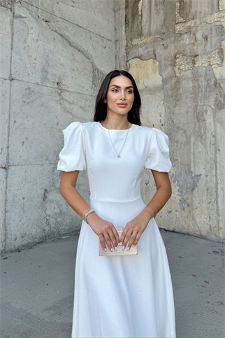 Berra Karpuz Kol Midi Elbise 2249 BEYAZ