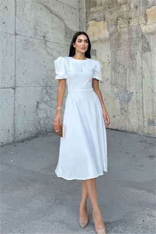 Berra Karpuz Kol Midi Elbise 2249 BEYAZ