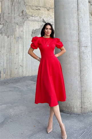 Berra Karpuz Kol Midi Elbise 2249 KIRMIZI