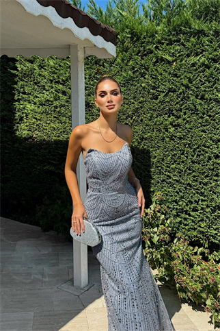 Biana Straplez Boncuklu Abiye 1056 GRİ