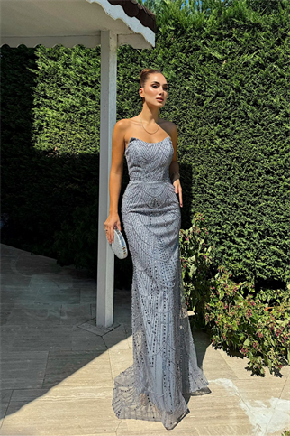 Biana Straplez Boncuklu Abiye 1056 GRİ