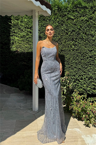 Biana Straplez Boncuklu Abiye 1056 GRİ