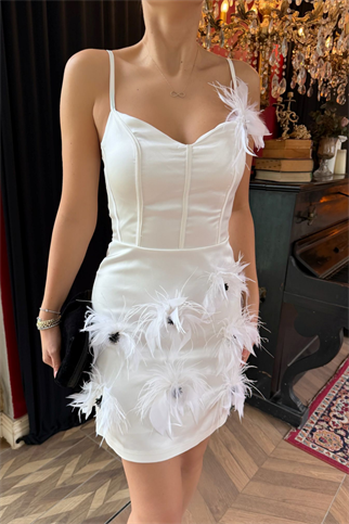 Bihter Askılı Çiçek Detaylı Tasarım Mini Elbise 9375 BEYAZ