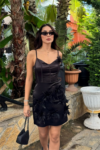 Bihter Askılı Çiçek Detaylı Tasarım Mini Elbise 9375 SİYAH