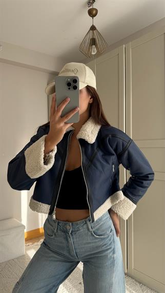Biye Detay İçi Peluş Kaplama Deri Crop Kaban 1889 LACİVERT