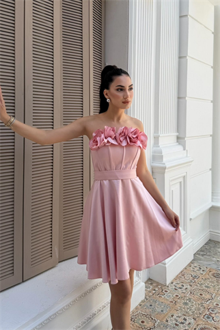 Blanca Straplez Gül Detay Mini Elbise 1101