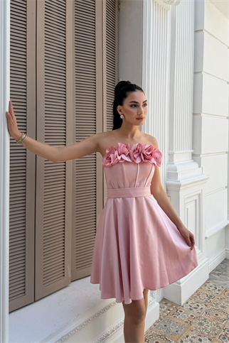 Blanca Straplez Gül Detay Mini Elbise 1101