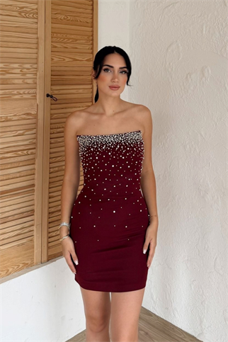 Boncuk İşleme Straplez Mini Elbise 6584