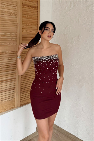 Boncuk İşleme Straplez Mini Elbise 6584