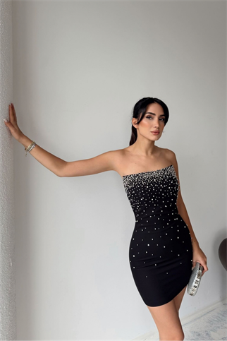Boncuk İşleme Straplez Mini Elbise 6584