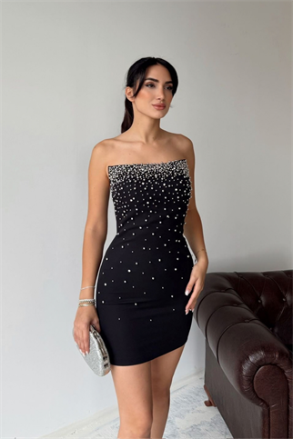 Boncuk İşleme Straplez Mini Elbise 6584