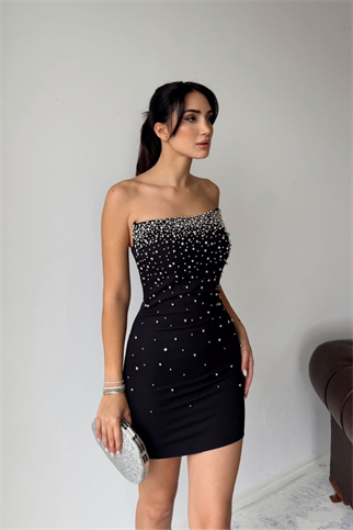 Boncuk İşleme Straplez Mini Elbise 6584