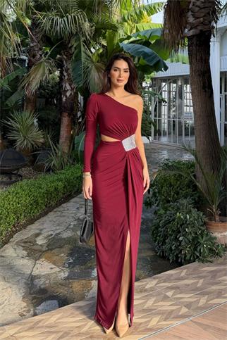Burçin Tek Kol Bel Dekolteli Abiye 583372 BORDO