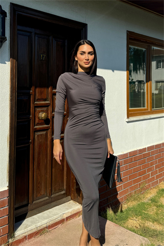 Büzgülü Maxi Elbise 3046 ANTRASİT