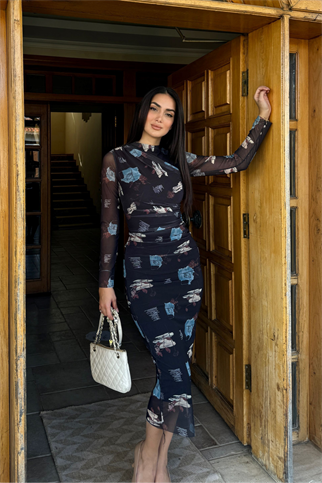 Büzgülü Maxi Tül Elbise 3079 KARIŞIK