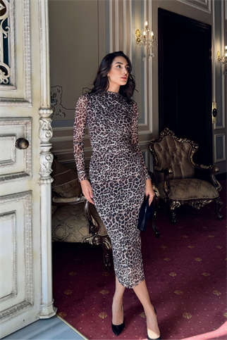 Büzgülü Maxi Tül Elbise 3079 LEOPAR