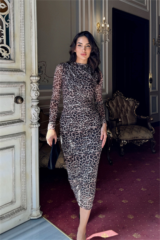 Büzgülü Maxi Tül Elbise 3079 LEOPAR