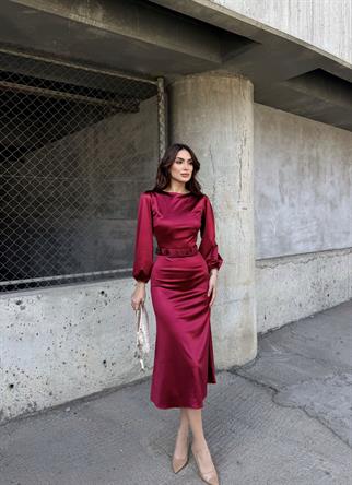Calia Kemer Detay Saten Elbise 95416 BORDO