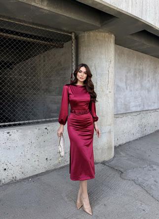 Calia Kemer Detay Saten Elbise 95416 BORDO