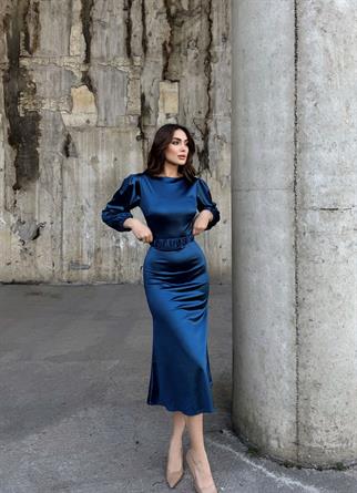 Calia Kemer Detay Saten Elbise 95416 İNDİGO