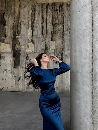 Calia Kemer Detay Saten Elbise 95416 İNDİGO