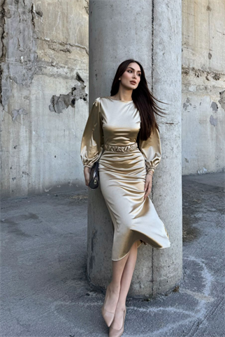 Calia Kemer Detay Saten Elbise 95416 YAĞ YEŞİLİ