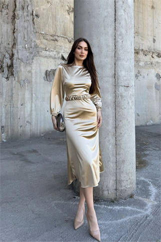 Calia Kemer Detay Saten Elbise 95416 YAĞ YEŞİLİ