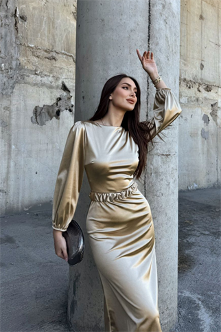 Calia Kemer Detay Saten Elbise 95416 YAĞ YEŞİLİ