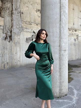 Calia Kemer Detay Saten Elbise 95416 ZÜMRÜT YEŞİLİ